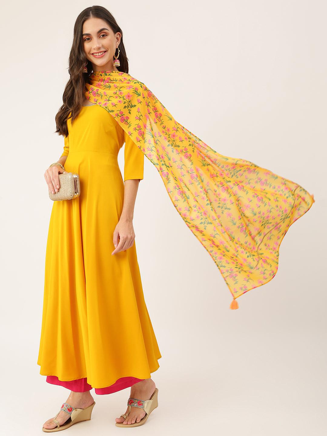 Women's Mustard solid kurta with floral print dupatta.Kurta has round neck - The Fab Factory - Indiakreations