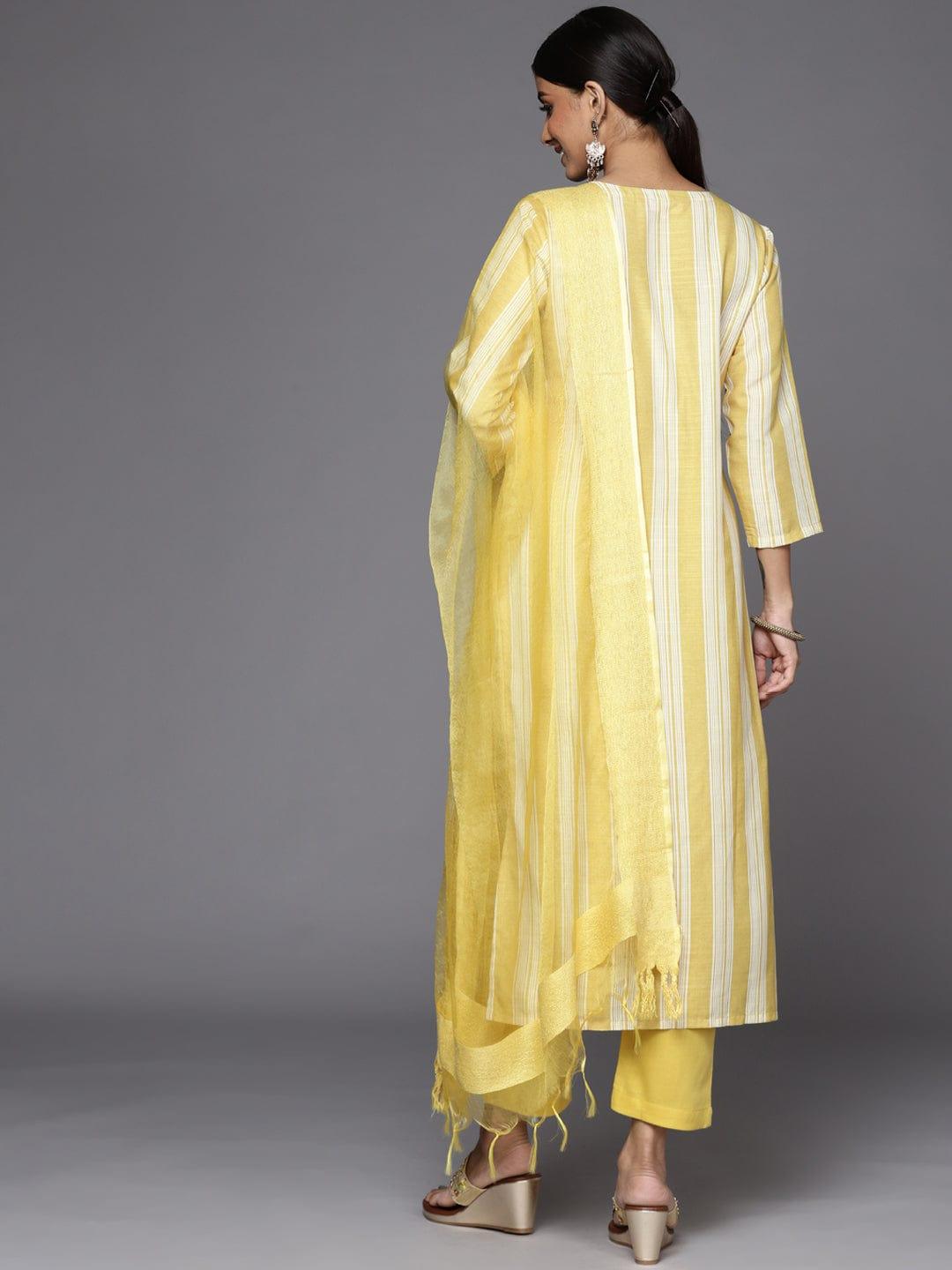 Varanga Women Yellow Striped Sequinned Kurta with Trousers & With Dupatta - Indiakreations