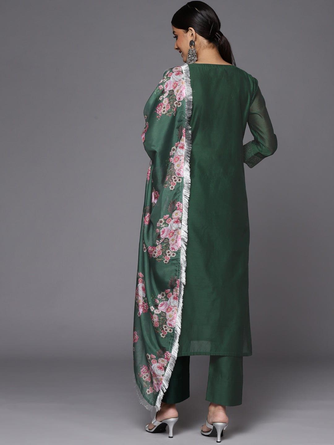 Varanga Women Green Floral Yoke Design Chanderi Silk Kurta with Trousers & With Dupatta - Indiakreations