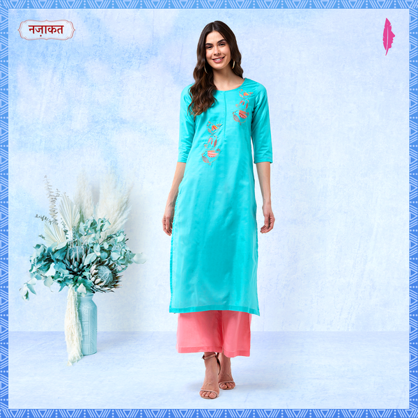 Women's Blue Embroidered Kurta With Contrasting Pants - Pannkh