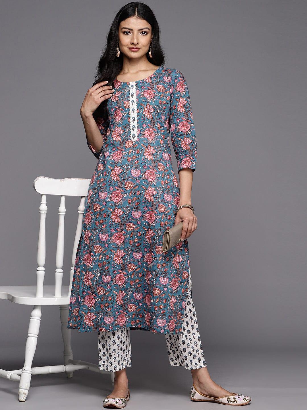 Varanga Floral Printed Gotta Patti Pure Cotton Kurta With Trousers - Indiakreations