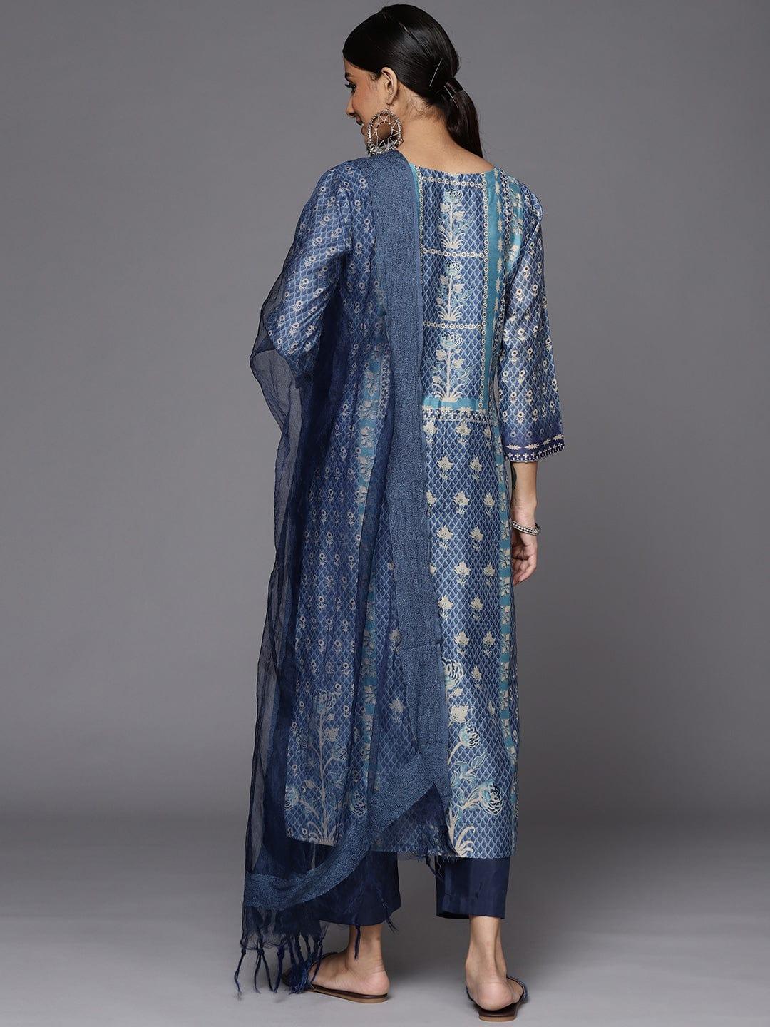 Varanga Women Blue Floral Printed Sequinned Kurta with Trousers & With Dupatta - Indiakreations