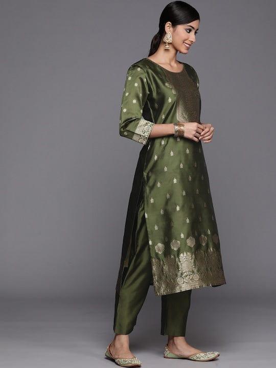 Varanga Women Olive Green Kurta with Trousers & With Dupatta - Indiakreations