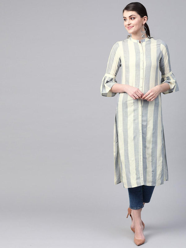 Women's Grey & Cream-Coloured Striped Straight Kurta - Meeranshi - Indiakreations