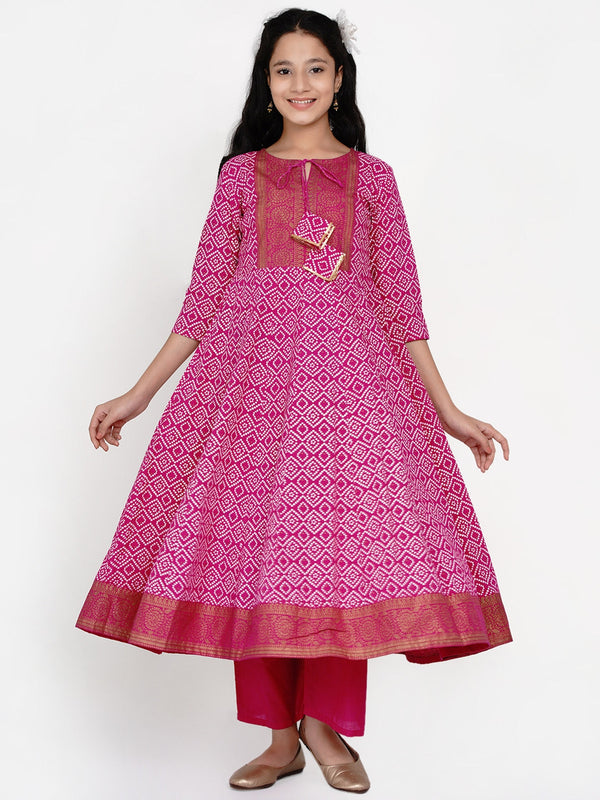 Girl's Pink & White Bandhani Printed Anarkali Kurta with Palazzos - NOZ2TOZ KIDS