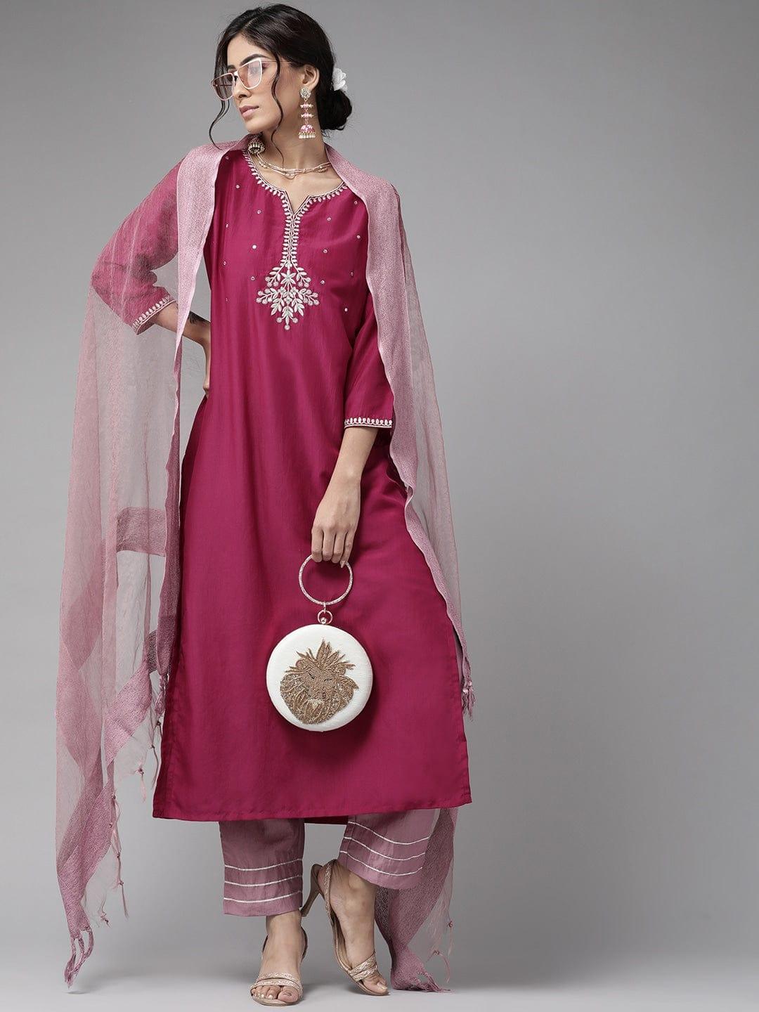 Magenta Pink Yoke Design Kurta with Trousers & Dupatta - Indiakreations