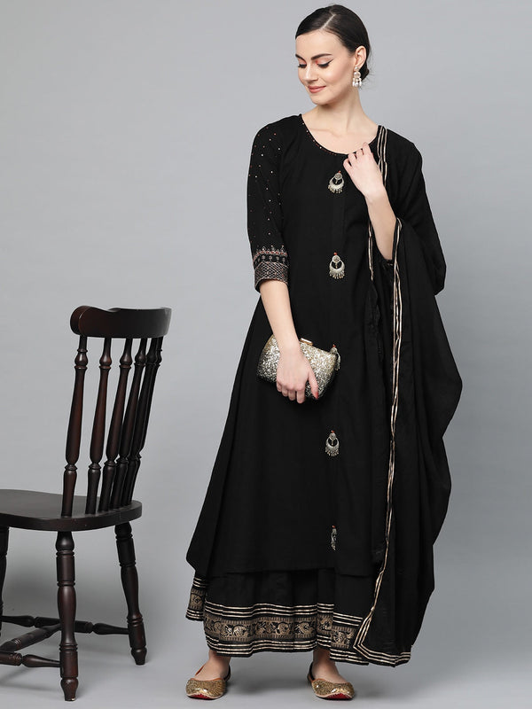 Women's Black Cotton Kurta with Palazzo & Dupatta by Ishin (3pcs Set)