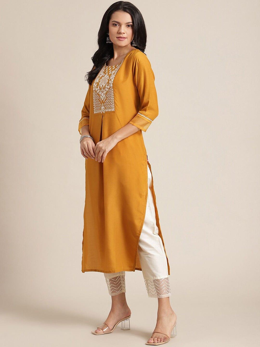 Mustard Yellow Yoke Design Kurti With Trousers - Indiakreations