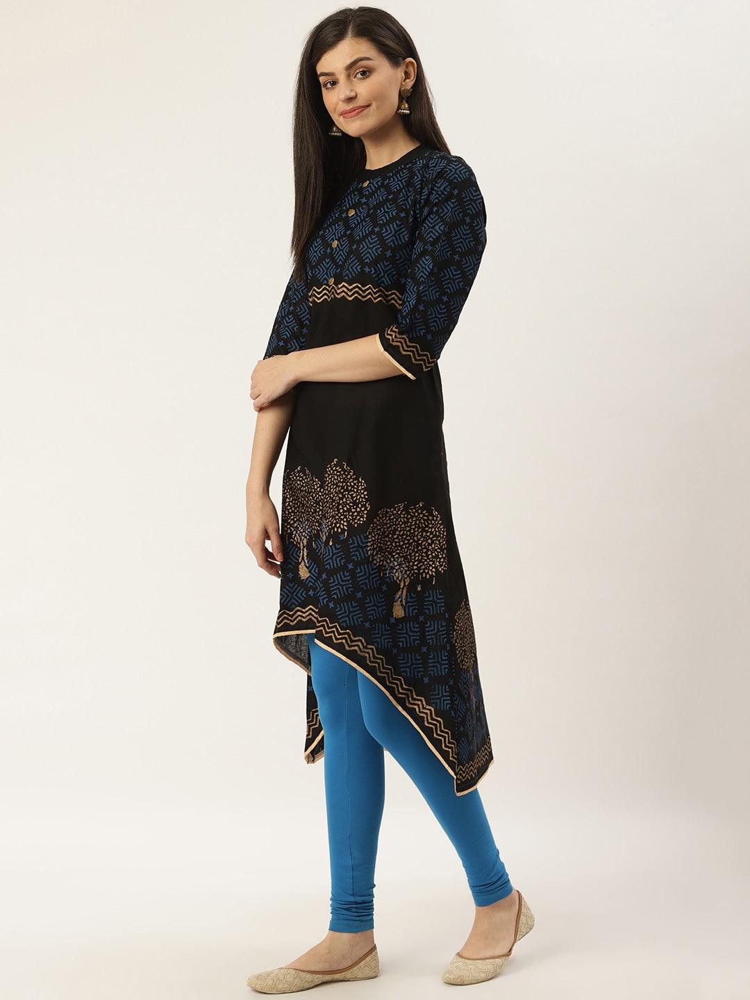 Women's Black & Golden Block Print A-Line Kurta - Noz2Toz - Indiakreations