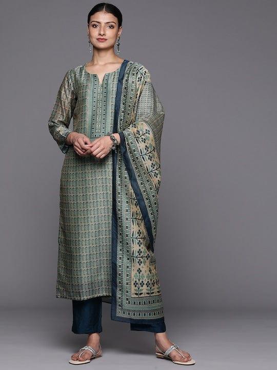 Varanga Ethnic Motifs Printed Chanderi Silk Kurta with Trousers & With Dupatta - Indiakreations