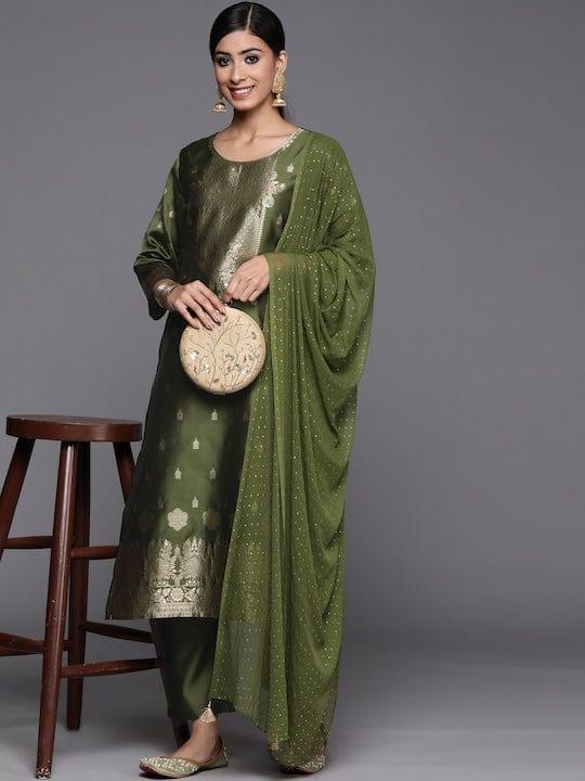 Varanga Women Olive Green Kurta with Trousers & With Dupatta - Indiakreations