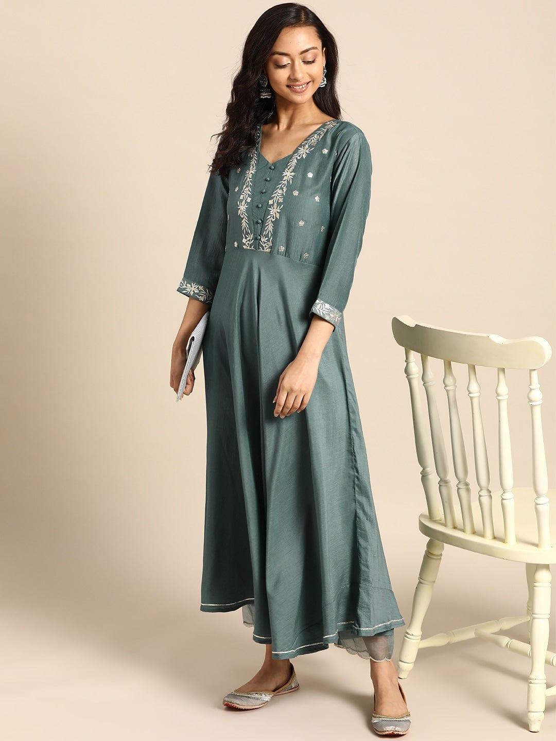 Teal Green Embroidered Kurta with Trousers - Indiakreations