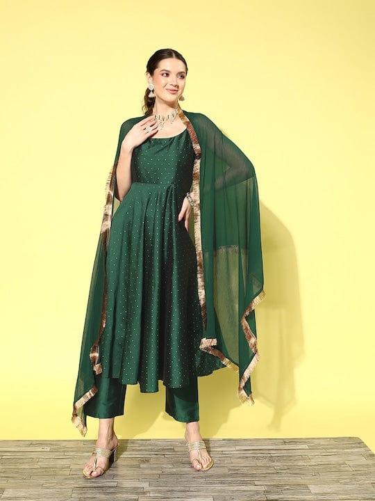 Varanga Women Green Zari Kurta With Trousers & Dupatta - Indiakreations