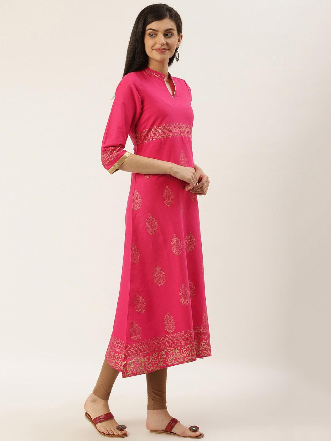 Women's Pink & Golden Printed A-Line Kurta - Noz2Toz - Indiakreations