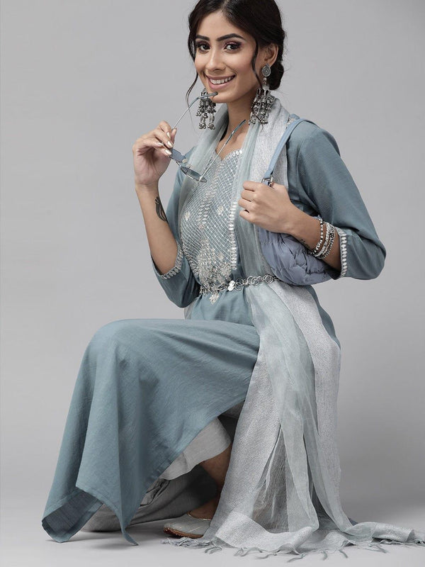 Blue & Grey Ethnic Motifs Yoke Design Kurta with Trousers & Dupatta - Indiakreations