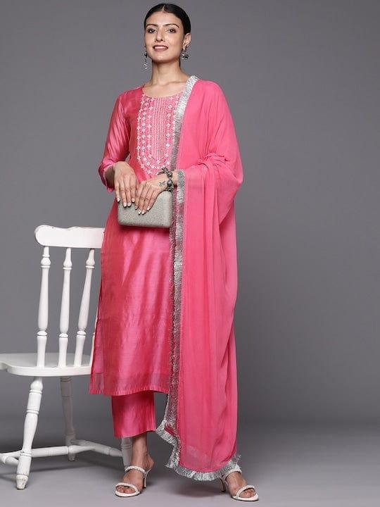 Varanga Women Pink Yoke Design Kurta with Trousers & With Dupatta - Indiakreations