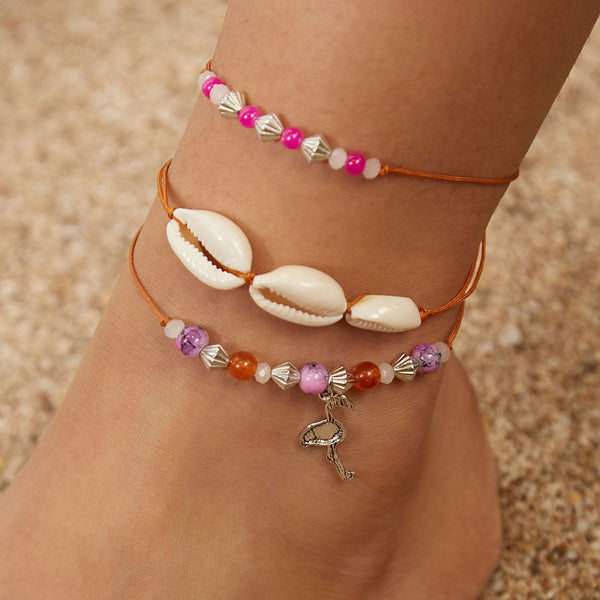 Beaded Shell & Flamingo Anklet Set