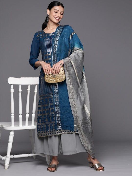 Varanga Women Grey Embroidered Sequinned Silk Georgette Kurta with Sharara & With Dupatta - Indiakreations