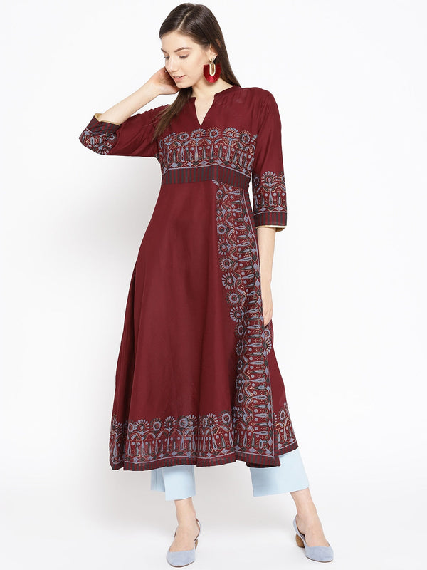 Women's Maroon & Grey Printed A-Line Kurta - Noz2Toz