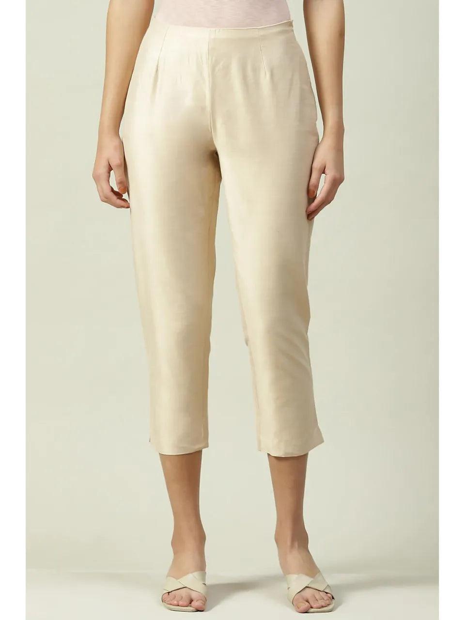 Women's Beige Poly Viscose Cotton Pant - BIBA - Indiakreations