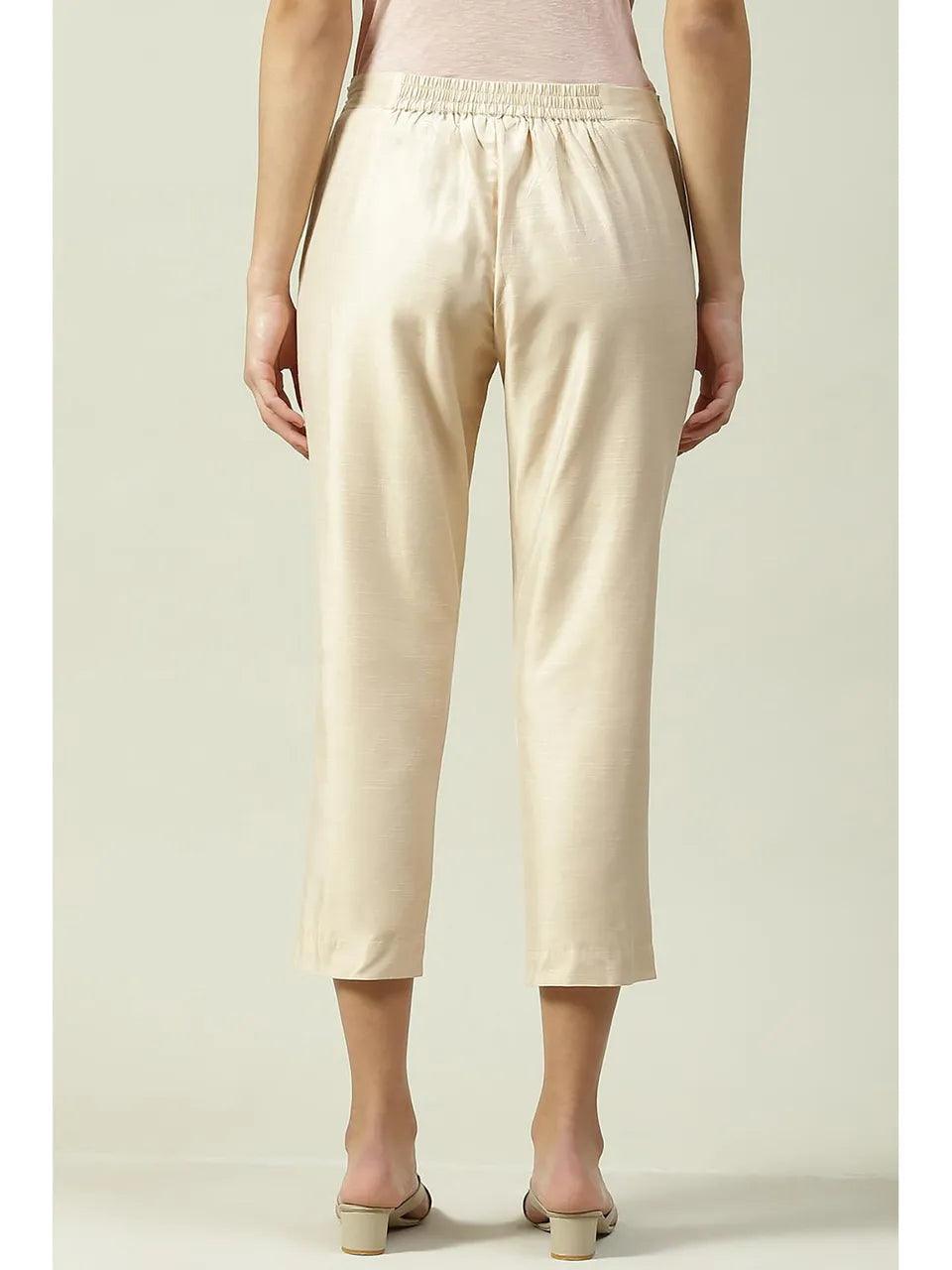 Women's Beige Poly Viscose Cotton Pant - BIBA - Indiakreations