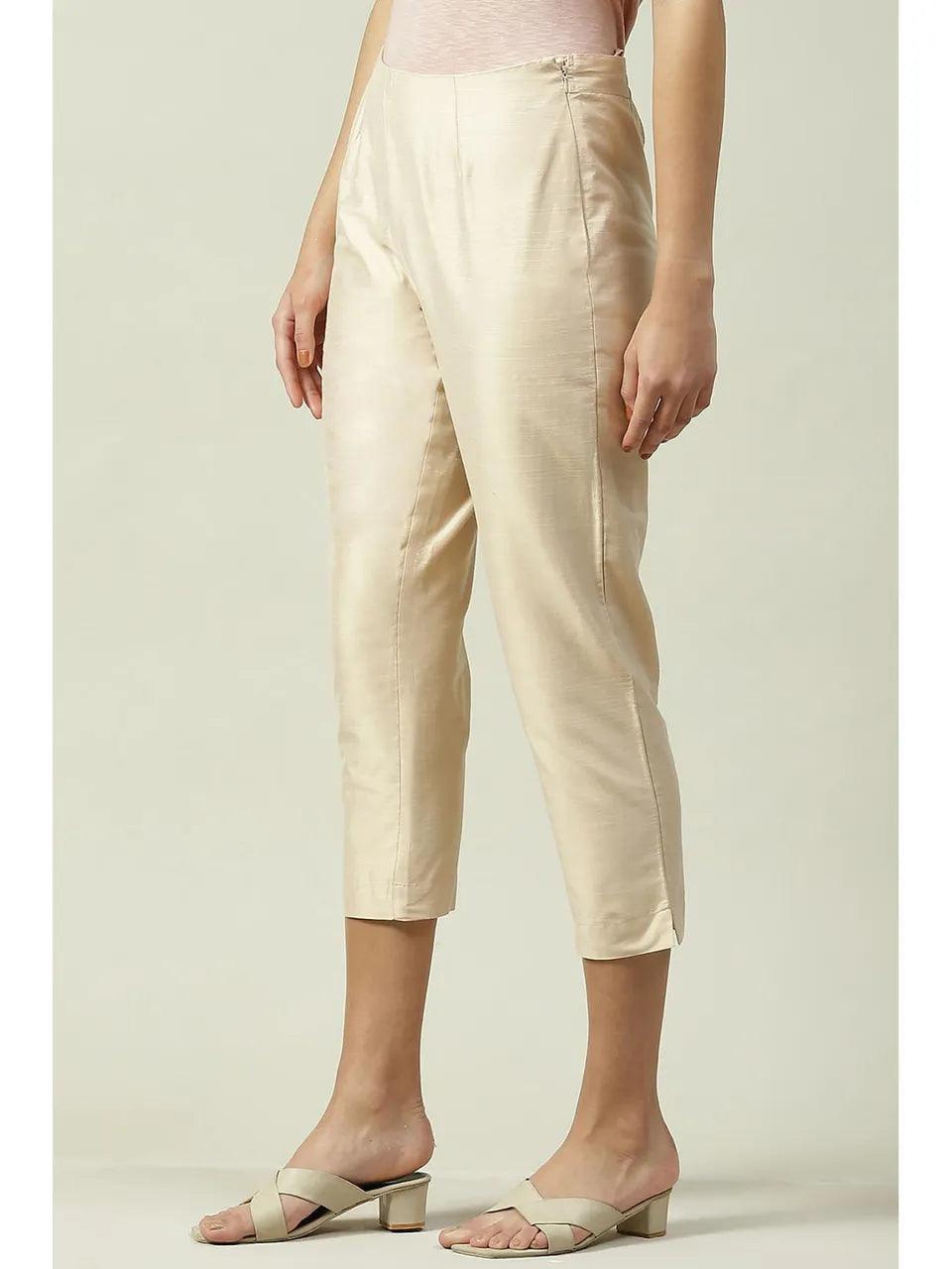 Women's Beige Poly Viscose Cotton Pant - BIBA - Indiakreations