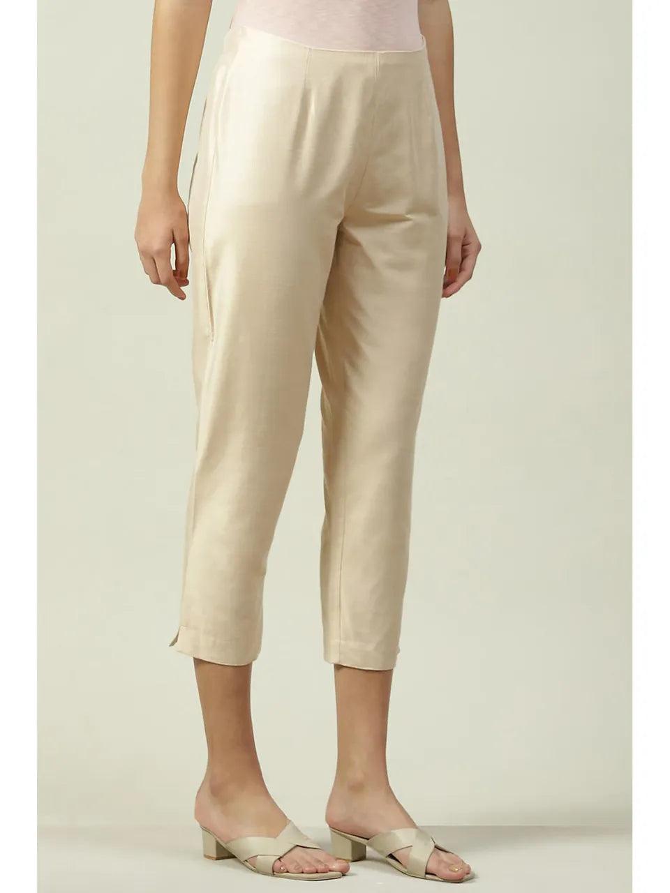 Women's Beige Poly Viscose Cotton Pant - BIBA - Indiakreations