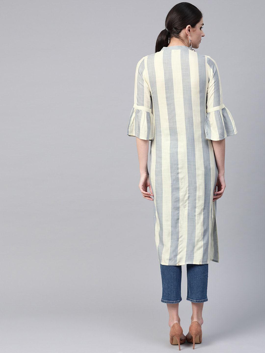 Women's Grey & Cream-Coloured Striped Straight Kurta - Meeranshi - Indiakreations