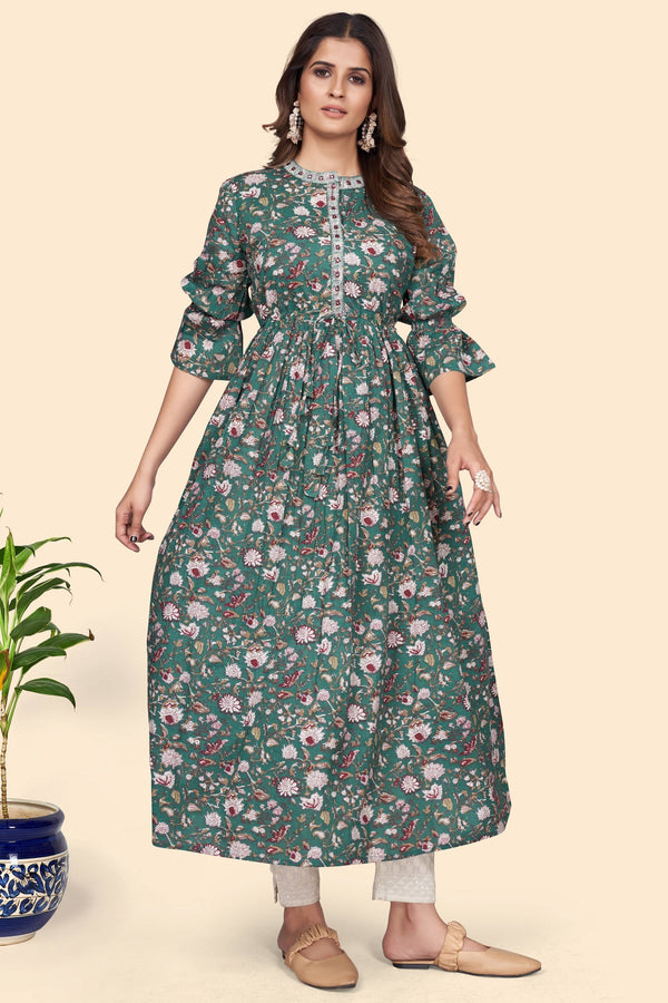 Women's Floral Print A-Line Cotton Aqua Stitched Kurta - Vbuyz