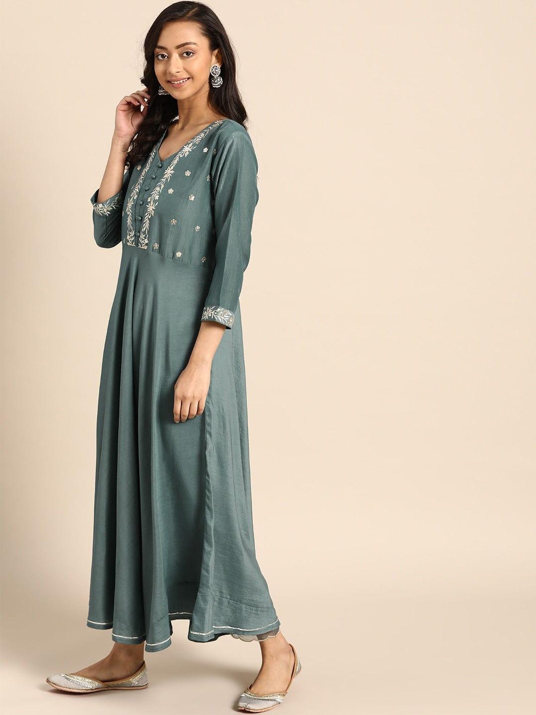 Teal Green Embroidered Kurta with Trousers - Indiakreations