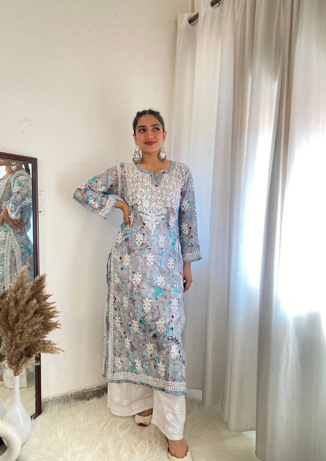 Zarah Mulmul Straight kurta with heavy chikankari embroidery and mulmul cotton in blue colour