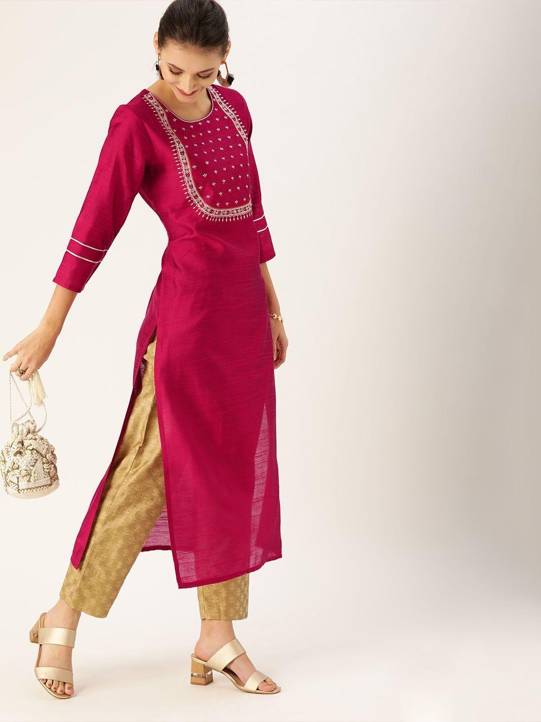 Women Magenta & White Embellished Straight Kurta - Indiakreations