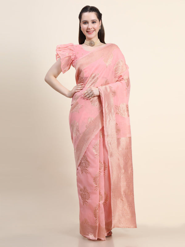 Women's PINK Color Jacquard Cotton Silk Saree - AVANSHEE