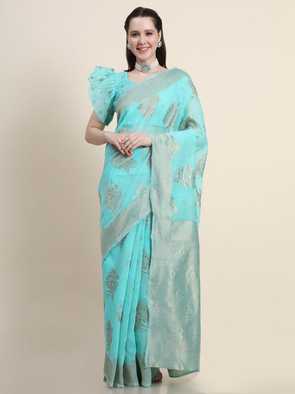 Women's SKY BLUE Color Jacquard Cotton Silk Saree - AVANSHEE