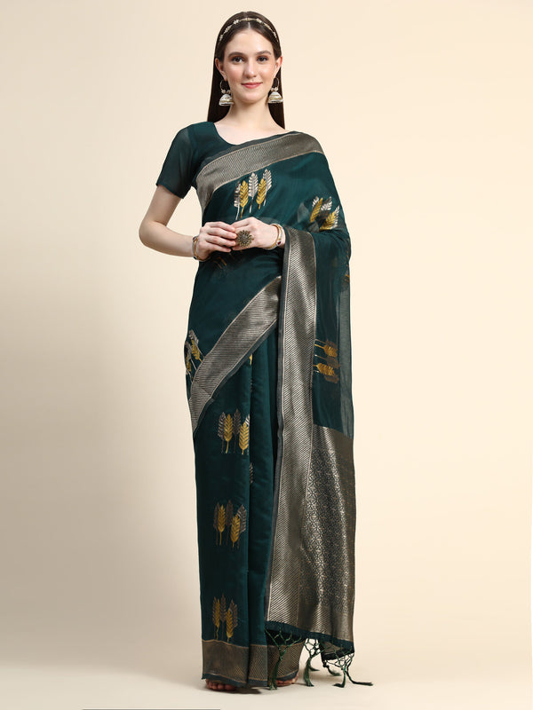 Women's GREEN Color Jacquard Cotton Silk Saree - AVANSHEE