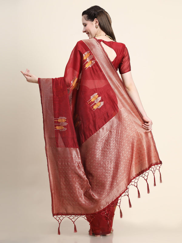 Women's RED Color Jacquard Cotton Silk Saree - AVANSHEE