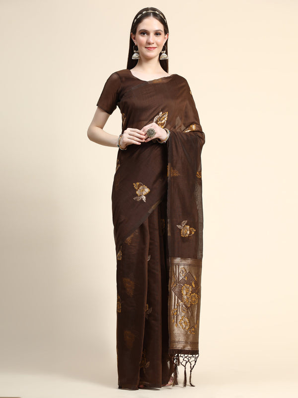 Women's BROWN Color Jacquard Cotton Silk Saree - AVANSHEE