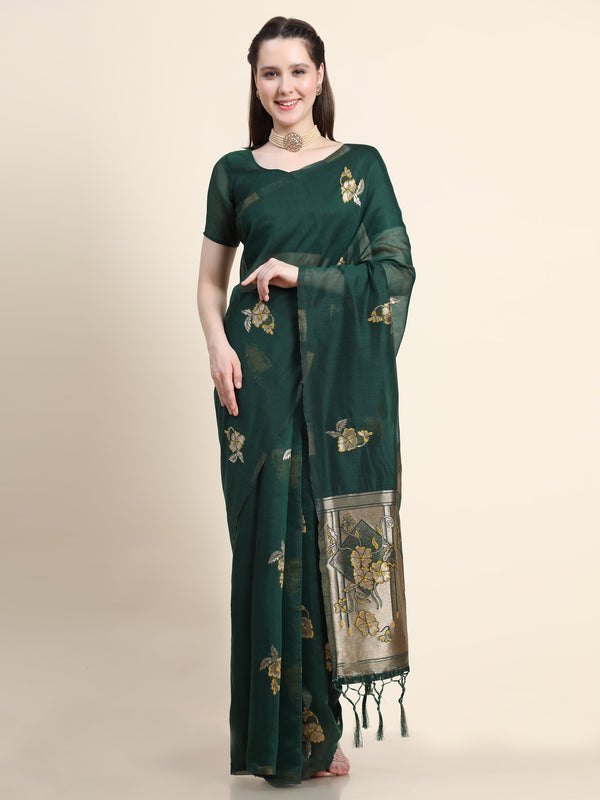 Women's GREEN Color Jacquard Cotton Silk Saree - AVANSHEE