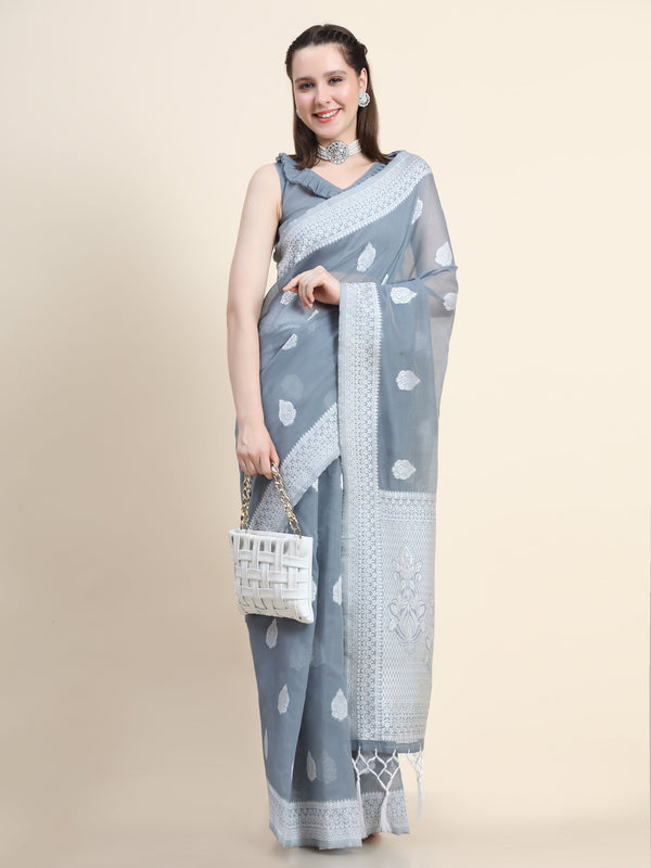 Women's GREY Color Jacquard Cotton Silk Saree - AVANSHEE