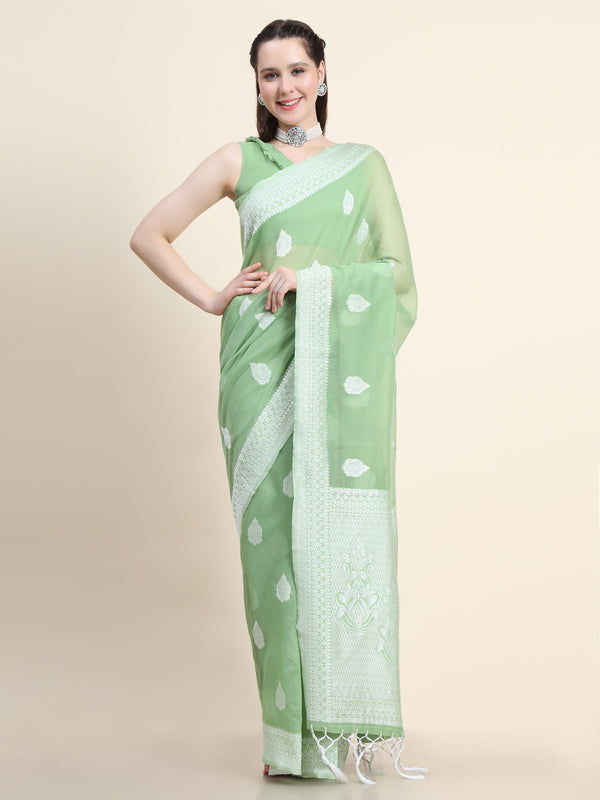 Women's GREEN Color Jacquard Cotton Silk Saree - AVANSHEE