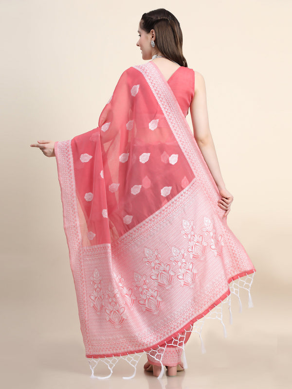 Women's PINK Color Jacquard Cotton Silk Saree - AVANSHEE