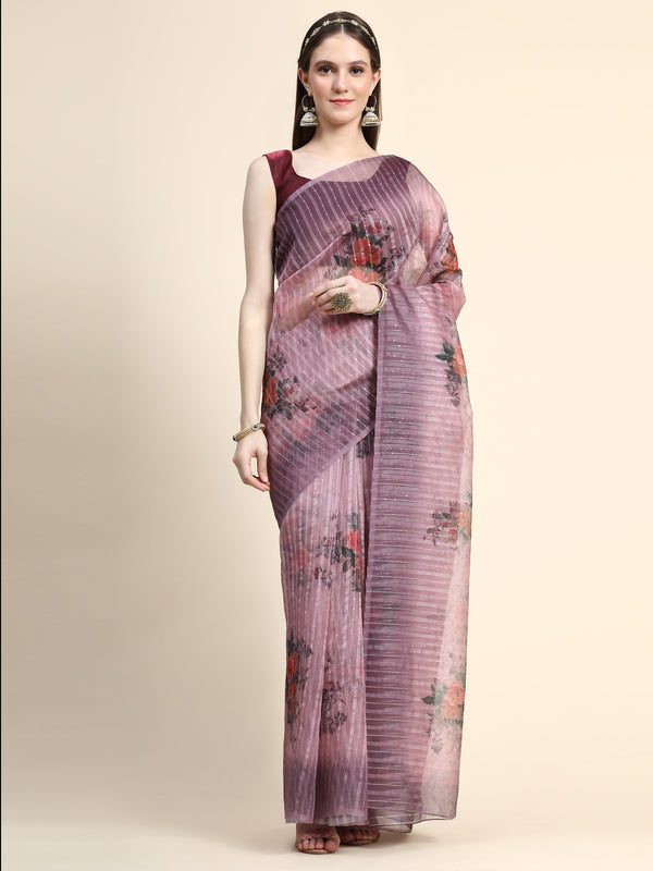 Women's PURPLE Color Floral Printed Saree - AVANSHEE