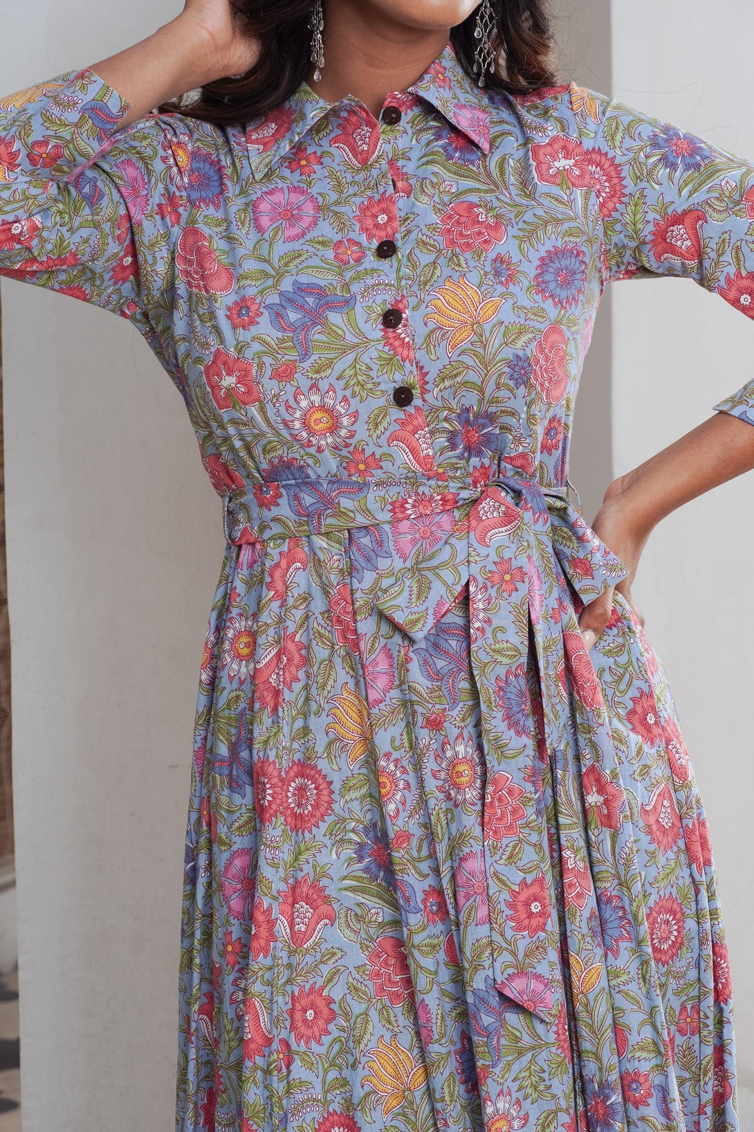 Floral multicoloured shirt collar Maxi - Indiakreations