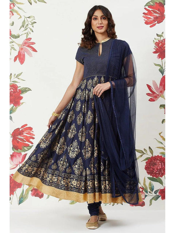 Women's Rohit Bal Navy Blue Printed Cotton Silk Anarkali Suit Set (Set of 3) - Indiakreations