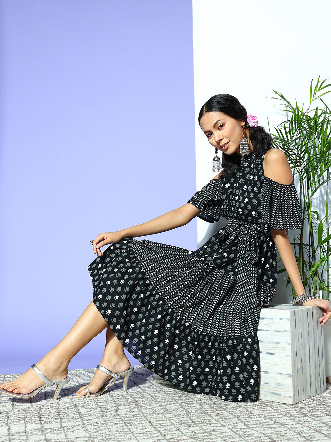 Women's Black Ethnic Motifs Frill Cotton A Line Dress - Yufta