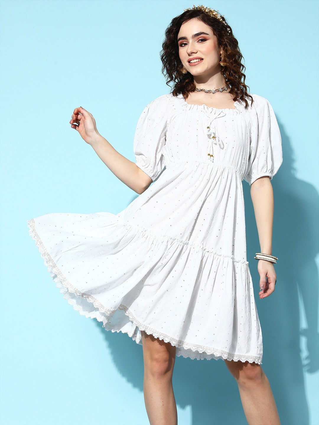 Women's White On Puff Sleeves Sequence Dobby Fit And Flare Dress - Yufta