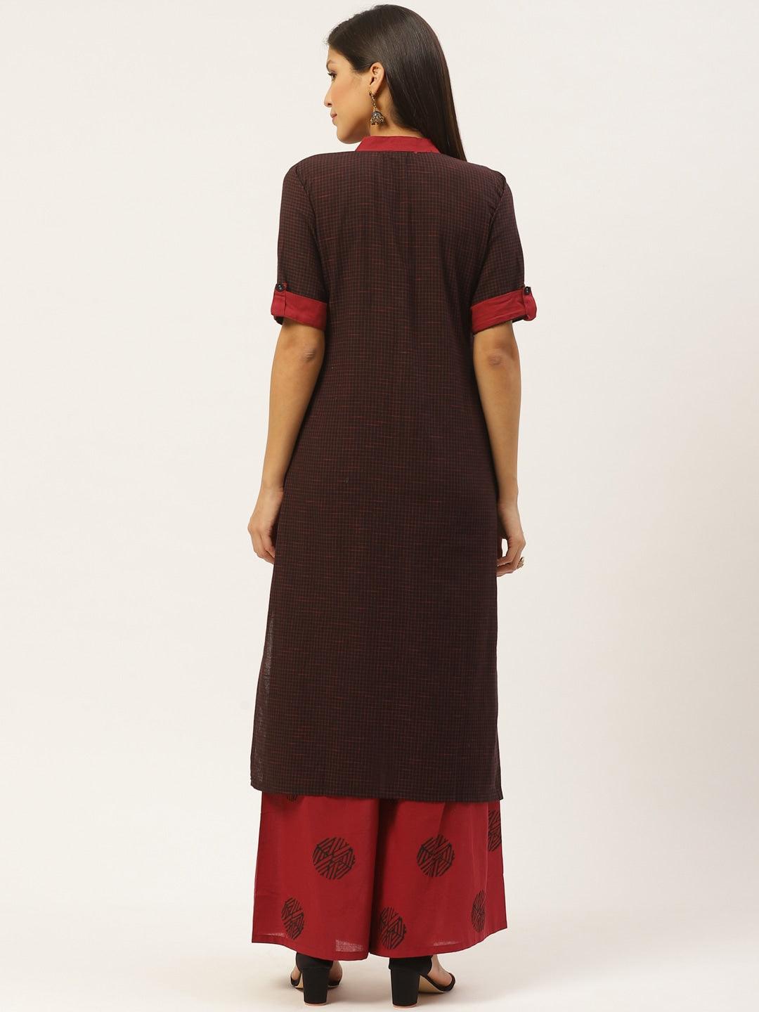 Women's Black & Red Checked Kurta With Block Print Palazzo - Noz2Toz - Indiakreations