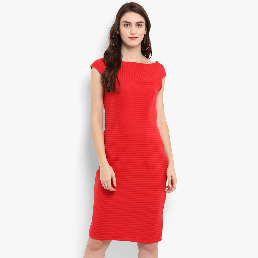 Women's Solid Self Striped Dress With Cap Sleeves - Pannkh - Indiakreations