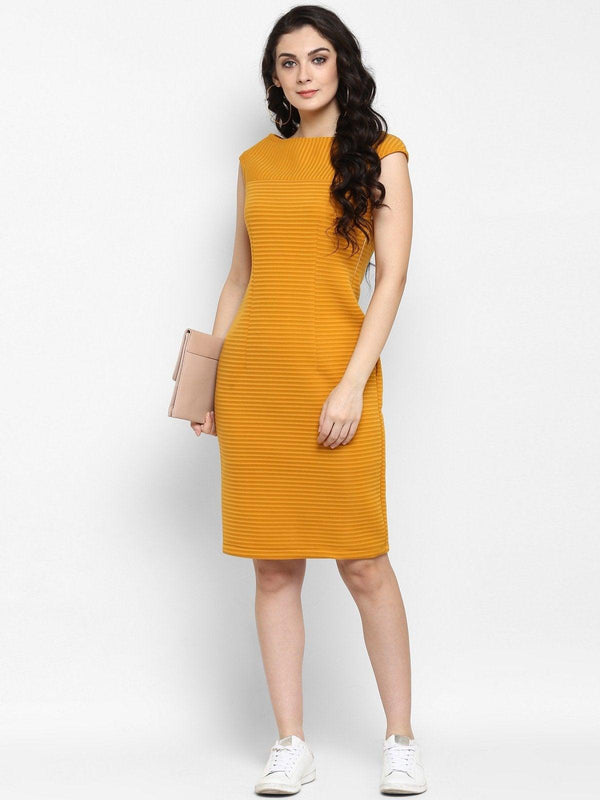 Women's Solid Self Striped Dress With Cap Sleeves - Pannkh - Indiakreations