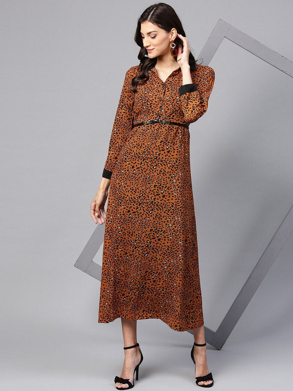 Women's Animal Print Shirt Maxi Dress With Belt - Pannkh